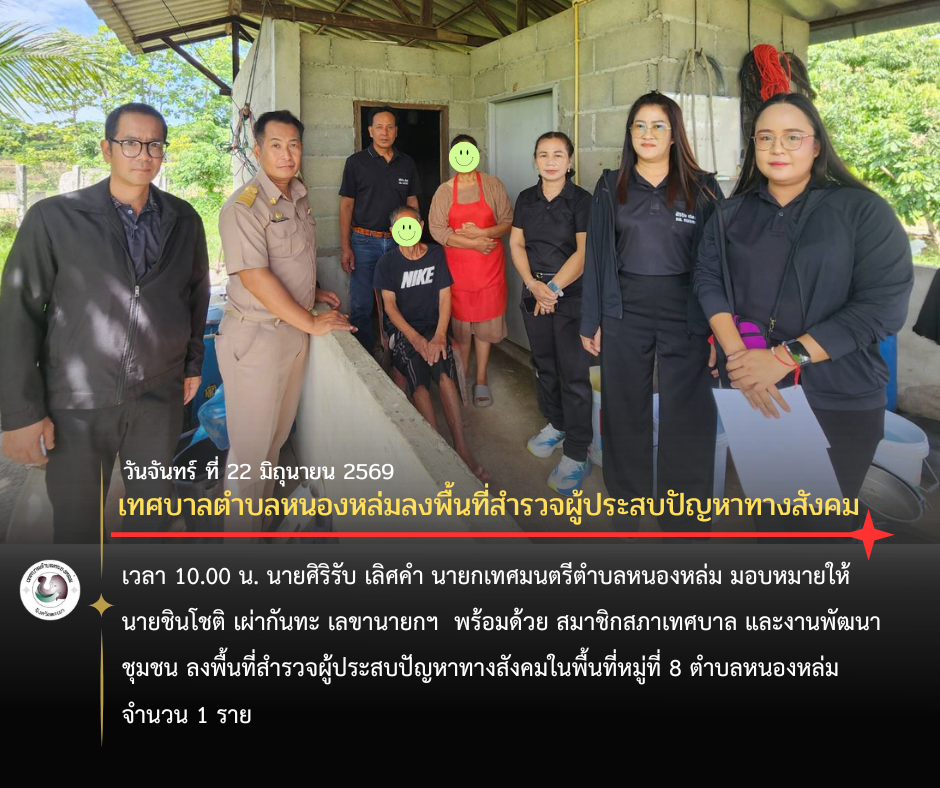 เวลา 10.00 น. นายศิริรับ เลิศคำ นายกเทศมนตรีตำบลหนองหล่ม มอบหมายให้ นายชินโชติ เผ่ากันทะ เลขานายกฯ  พร้อมด้วย สมาชิกสภาเทศบาล และงานพัฒนาชุมชน ลงพื้นที่สำรวจผู้ประสบปัญหาทางสังคมในพื้นที่หมู่ที่ 8 ตำบลหนองหล่ม จำนวน 1 ราย